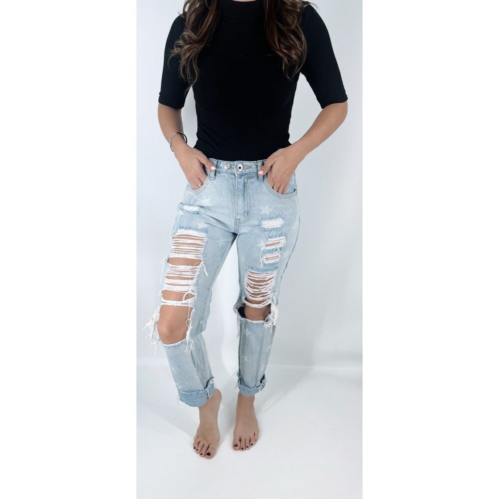 Dance and Marvel Distressed Star Print Medium Rise Light Wash Jeans Size Small